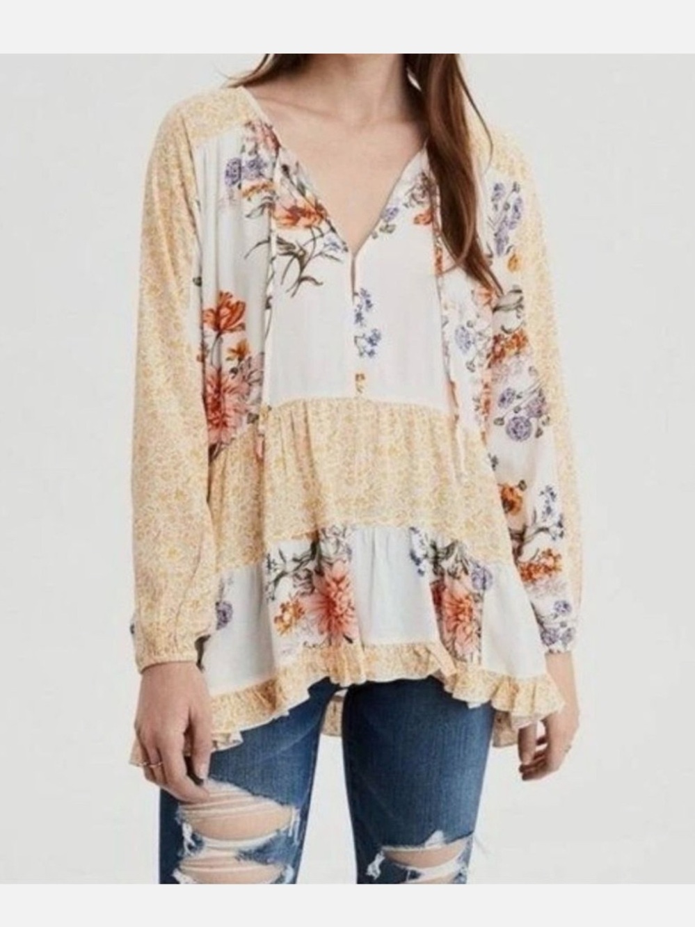 American Eagle Outfitters Floral Patchwork Tunic - Cream, Yellow & Orange